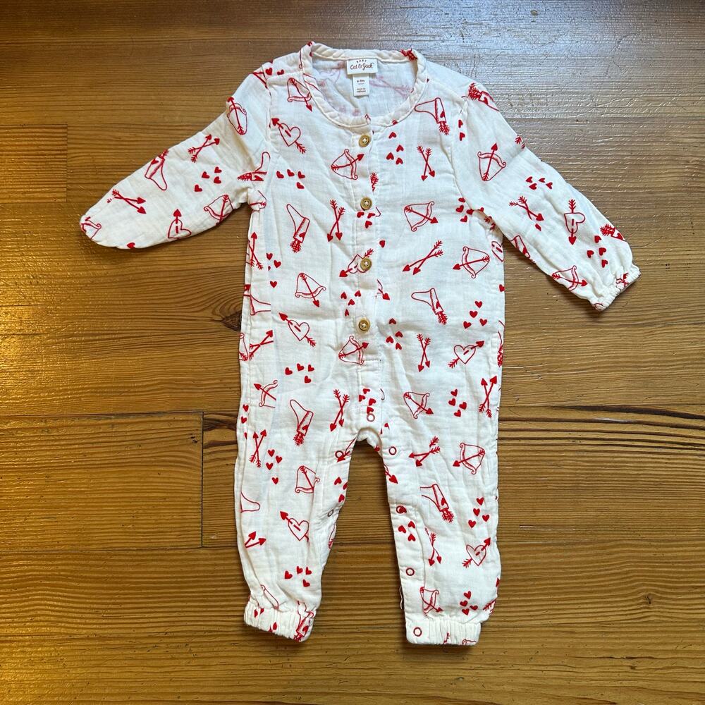 Cat & Jack white red Valentine button‎ snap one piece SIZE 6-9M